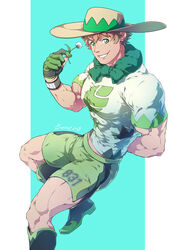  1boy bara biceps brown_hat covered_abs evinist freckles gloves green_eyes green_shorts hat highres large_pectorals looking_at_viewer male_focus midriff_peek milo_(pokemon) muscular muscular_male pectorals pink_hair pokemon pokemon_swsh short_hair short_sleeves shorts side_slit side_slit_shorts single_glove smile solo sun_hat teeth thighs two-tone_background 