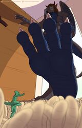  2020 4_toes absurd_res ambiguous_gender anthro barefoot bartucthebloody blue_markings blue_soles blurred_foreground brown_hair carpet chameleon dragon duo european_mythology feet foot_focus furaffinity furaffinity_logo green_body green_skin grey_body hair hi_res humanoid_feet hybrid inside larger_male lizard long_toes low-angle_view macro_fiber male markings membrane_(anatomy) membranous_wings micro mythological_creature mythological_scalie mythology nightraver nonbinary_(lore) nude patreon patreon_logo plantigrade reptile scalie shimmering_spectrum size_difference smaller_ambiguous soles sovrim_terraquian tail text toes url western_dragon white_talons wings 