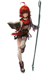  absurdres ahoge black_shorts blush book boots choker clothing_cutout dokshuri dungeon_and_fighter female female_mage_(dungeon_and_fighter) full_body hairband highres holding holding_book holding_staff jacket jewelry leg_up mage_(dungeon_and_fighter) navel_cutout necklace pointy_ears red_eyes red_hair shorts smile solo staff summoner_(dungeon_and_fighter) thighhighs track_jacket white_background 