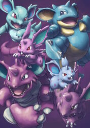  black_eyes claws evolutionary_line horns jumping looking_at_another mijinko_(barabadge) nidoking nidoqueen nidoran nidoran_(female) nidoran_(male) nidorina nidorino no_humans pokemon pokemon_(creature) purple_background red_eyes simple_background single_horn walking 