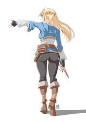  ass automatic_giraffe blonde_hair fully_clothed knee_boots knife leggings long_hair looking_back nintendo pointy_ears princess_zelda princess_zelda_(cosplay) the_legend_of_zelda thick_ass thick_thighs yoga_pants zelda_(a_link_between_worlds) zelda_(breath_of_the_wild) 