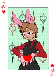  2019 ace ace_of_hearts black_eyes card card_template clothing curled_hair hair heart_symbol hearts_(suit) lagomorph leporid mammal necktie pinup playing_card playing_card_template pose rabbit retro_future scissors solo topwear vest 