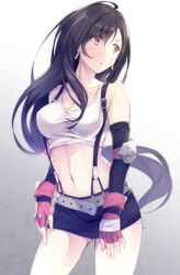  arm_warmers ass_visible_through_thighs bare_shoulders belt black_hair black_skirt breasts brown_eyes cleavage collarbone commentary_request cowboy_shot crop_top earrings elbow_pads female final_fantasy final_fantasy_vii fingerless_gloves gloves gradient_background itoichi. jewelry large_breasts long_hair looking_away midriff miniskirt navel parted_lips red_gloves shirt skirt sleeveless sleeveless_shirt solo standing suspender_skirt suspenders tank_top taut_clothes taut_shirt thighs tifa_lockhart very_long_hair white_shirt 