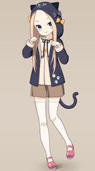  :3 abigail_williams_(fate) animal_ears animal_hood bad_id bad_pixiv_id bell_(oppore_coppore) black_bow black_jacket blonde_hair blue_eyes blush bow brown_background brown_shirt brown_skirt cat_ears cat_girl cat_hood cat_tail closed_mouth commentary_request fake_animal_ears fate/grand_order fate_(series) female forehead full_body hands_up head_tilt highres hood hood_up hooded_jacket jacket long_hair long_sleeves looking_at_viewer mary_janes multiple_bows open_clothes open_jacket orange_bow parted_bangs paw_pose pleated_skirt polka_dot polka_dot_bow red_footwear shadow shirt shoes skirt solo standing standing_on_one_leg tail thighhighs v-shaped_eyebrows white_thighhighs 