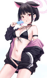  :o absurdres animal_ears arm_strap armpit_crease bad_id bad_twitter_id bare_shoulders bikini black_bikini black_choker black_hair black_jacket blue_archive blush bob_cut breasts cat_ears choker colored_inner_hair cowboy_shot criss-cross_halter dripping dutch_angle female food front-tie_bikini_top front-tie_top hair_ornament hairclip halo halterneck hand_up highres holding holding_food jacket kazusa_(blue_archive) looking_at_viewer medium_breasts multi-strapped_bikini multicolored_hair navel off_shoulder open_clothes open_jacket parted_lips pink_hair pink_halo popsicle rama_(yu-light8) red_eyes revision short_hair sidelocks simple_background stomach string_bikini swimsuit thighs unzipped white_background 