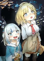  2girls absurdres bag black_legwear blonde_hair blue_eyes blue_hair blue_hoodie blush breasts brown_jacket brown_skirt collared_shirt commentary cowboy_shot english_commentary flat_chest food gawr_gura gawr_gura_(1st_costume) gear_hair_ornament grey_hair hair_ornament highres holding holding_bag holding_clothes holding_jacket hololive hololive_english holster hood hoodie jacket light looking_up medium_breasts medium_hair minecraft miniskirt multicolored_hair multiple_girls necktie open_mouth paper_bag plaid plaid_skirt red_necktie shadow shark_hair_ornament sharp_teeth shirt short_hair short_twintails side-by-side skirt smile streaked_hair syringe teeth thigh_holster thighhighs twintails two-tone_hair two_side_up unworn_jacket virtual_youtuber watson_amelia watson_amelia_(1st_costume) white_shirt xiaoju_xiaojie 