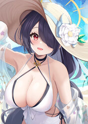  :d absurdres arm_at_side arm_up armpits bare_shoulders beach black_choker black_hair blue_archive blush bow breasts choker cleavage collarbone criss-cross_halter day elegant_(sumisumi4268) eyelashes female flower hair_over_one_eye halo halterneck hand_on_headwear hat hat_flower hat_ribbon highres hinata_(blue_archive) hinata_(swimsuit)_(blue_archive) huge_breasts large_hat layered_swimsuit long_hair looking_at_viewer one-piece_swimsuit one_eye_covered open_mouth outdoors red_eyes ribbon see-through skindentation smile solo spaghetti_strap sun_hat swimsuit two-tone_swimsuit upper_body very_long_hair white_bow white_flower yellow_halo 