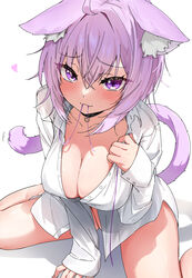  animal_ear_fluff animal_ears blush breasts cat_ears cat_girl cat_tail cleavage collarbone commentary_request eru_(l_illust45) female hair_between_eyes heart highres hololive large_breasts looking_at_viewer naked_shirt nekomata_okayu nekomata_okayu_(oversized_shirt) purple_eyes purple_hair shirt simple_background solo tail virtual_youtuber white_background white_shirt 