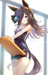  animal_ears bare_shoulders blue_flower blue_rose blurry blurry_background blush breasts brown_hair commentary cowboy_shot female flower hair_over_one_eye hat highres holding_kickboard horse_ears horse_girl horse_tail kickboard lens_flare long_hair looking_at_viewer meyamu one-piece_swimsuit open_mouth purple_eyes purple_hat rice_shower_(umamusume) rose school_swimsuit small_breasts solo standing swimsuit tail tracen_swimsuit umamusume wet 