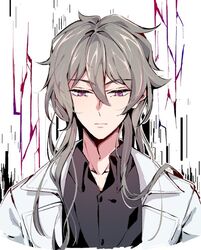  1boy aer007580 black_hair black_shirt closed_mouth coat honkai_(series) honkai_impact_3rd lab_coat long_hair looking_at_viewer male_focus polo_shirt purple_eyes shirt solo su_(honkai_impact) white_background white_coat 