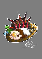  arknights artist_name benio_(1422707603) commentary_request curry flag food fried_egg grey_background highres leaf mint no_humans originium_(arknights) originium_slug_(arknights) plate rhodes_island_logo_(arknights) rice signature simple_background 