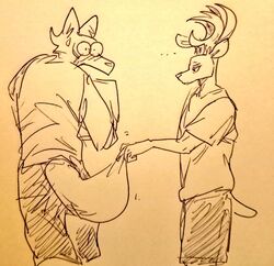  anthro beastars blush bodily_fluids canid canine canis cervine clothed clothing deer duo embarrassed fully_clothed legoshi_(beastars) louis_(beastars) male male/male mammal red_deer sweat sweatdrop tail tail_pull wolf wuffinarts 