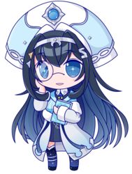  black_hair blue_eyes blue_hair blue_jacket blush book chibi colored_inner_hair female holding holding_book hololive hololive_china jacket lobera monocle multicolored_hair off_shoulder open_mouth phoenix_crown rosalyn_(hololive) silver_hairband smile solo transparent_background virtual_youtuber 