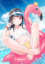  bad_id bad_twitter_id barefoot bikini black_hair blue_sky blush bracelet cloud crossed_ankles day feet female flat_chest full_body highres innertube jewelry looking_at_viewer navel one_eye_closed original outdoors purple_eyes see-through shirt short_sleeves sky solo star-shaped_pupils star_(symbol) sunlight swim_ring swimsuit symbol-shaped_pupils toes v visor_cap water water_drop wet wet_clothes white_shirt yellow_bikini yukiu_con 