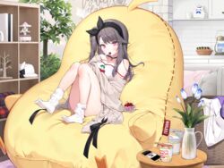  anthro azur_lane brown_hair byulzzimon cropped flowers food game_console long_hair pamiat_merkuria_(azur_lane) phone purple_eyes stockings 