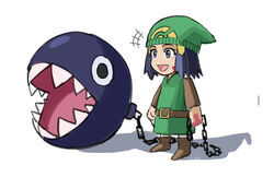  :d ball_and_chain_(weapon) blood blood_on_face blood_on_hands blue_eyes blue_hair chain_chomp chains chibi commentary cosplay dawn_(pokemon) english_commentary female full_body green_hat green_tunic happy hat highres link link_(cosplay) long_sleeves looking_to_the_side mario_(series) open_mouth pokemon pokemon_dppt saiykik sharp_teeth smile solo standing teeth the_legend_of_zelda the_legend_of_zelda:_link&#039;s_awakening tunic 