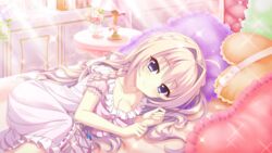  ahoge bedroom blonde_hair blue_eyes book braid breasts cleavage closed_mouth collarbone crown_braid day dot_nose female film_grain flower frilled_pajamas game_cg hair_intakes heart heart-shaped_pillow indoors izumi_tsubasu lamp long_braid long_hair looking_at_viewer lying medium_breasts mole mole_under_each_eye mole_under_eye multiple_moles non-web_source official_art on_bed on_side pajamas picture_frame pillow pink_flower pink_pajamas pink_rose re:stage! rose shiratori_amaha_(re:stage!) short_sleeves single_braid smile solo sparkle sunlight vase white_flower white_rose 