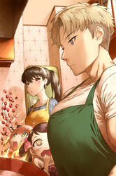  1boy 3girls anya_(spy_x_family) apron becky_blackbell black_hair blue_eyes blush cooking earrings english_commentary fire food girl_staring_at_guy&#039;s_chest_(meme) haraya_manawari heart heart-shaped_pupils highres jewelry kitchen large_pectorals long_hair looking_at_another meat meme multiple_girls open_mouth pectorals red_eyes short_hair sparkling_eyes spy_x_family symbol-shaped_pupils three_quarter_view twilight_(spy_x_family) white_apron yor_briar 