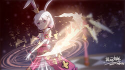  absurdres animal_ears bare_shoulders blurry blurry_background closed_mouth cross_(weapon) crown diaoyidimaomao dress female fox_ears gloves highres honkai_(series) honkai_impact_3rd long_hair looking_at_viewer pink_dress pink_eyes pink_hair short_sleeves side_ponytail sleeveless sleeveless_dress solo theresa_apocalypse theresa_apocalypse_(sakuno_rondo) white_gloves 