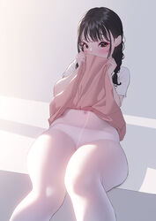  bangs black_hair blush braid brown_eyes clothes_lift covered_navel covering_mouth crotch_seam eyebrows_visible_through_hair feet_out_of_frame female furrowed_brow high-waist_pantyhose highres lifted_by_self long_hair looking_at_viewer nail_polish original panties panties_under_pantyhose pantyhose rhasta shirt short_sleeves sidelocks sitting skirt skirt_lift solo thick_thighs thighs twin_braids underwear white_legwear white_panties white_shirt 