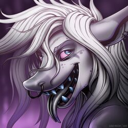  1:1 2020 anthro artist_name blue_eyes blue_teeth bust_portrait dated ear_piercing ear_ring facial_piercing female forked_tongue glistening glistening_eyes grey_tongue hair long_hair nose_piercing nose_ring nude open_mouth open_smile piercing pink_sclera portrait ring_piercing septum_piercing septum_ring simple_background slash_freezen smile solo species_request teeth tongue white_body white_hair 