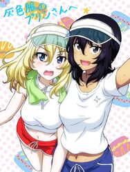  2girls andou_(girls_und_panzer) black_hair blonde_hair blue_eyes blue_shorts blush breasts brown_eyes embarrassed girls_und_panzer highres key_(gaigaigai123) large_breasts looking_at_viewer midriff multiple_girls navel open_mouth oshida_(girls_und_panzer) red_shorts shirt short_hair shorts smile white_shirt yuri 