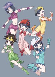  5boys :d alternate_costume bare_shoulders black_hair boots bright_pupils brown_eyes brown_hair calem_(pokemon) closed_mouth commentary_request crossdressing dress elio_(pokemon) ethan_(pokemon) eyewear_on_headwear gloves green_footwear grey_background grey_eyes hat highres looking_at_viewer multiple_boys nate_(pokemon) navel open_mouth outstretched_arm poke_ball_print pokemon pokemon_bw2 pokemon_hgss pokemon_sm pokemon_usum pokemon_xy purple_headwear purple_shorts red_footwear red_gloves red_headwear sana_(37pisana) short_hair shorts simple_background smile sunglasses visor_cap white-framed_eyewear white_headwear white_pupils wrist_cuffs yellow_dress yellow_headwear 