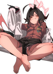  ahoge barefoot black_hair black_shorts blue_archive brown_eyes closed_mouth commentary_request feet female fu-ta halo highres kasumi_(blue_archive) legs long_hair looking_at_viewer oerba_yun_fang panties panties_under_shorts red_halo shorts simple_background sitting smile solo thighs toenails toes underwear walkie-talkie white_background white_panties 