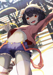  6_9 :d absurdres black_hair blood blood_on_face blue_shorts brown_eyes colored_skin denim denim_shorts female getto grey_skin highres indie_virtual_youtuber jumping lazy_eye navel open_mouth pink_skirt sharp_teeth short_hair shorts skirt smile solo stitched_leg stitches stomach suspenders suspenders_hanging teeth upper_teeth_only virtual_youtuber zombie zonbko 