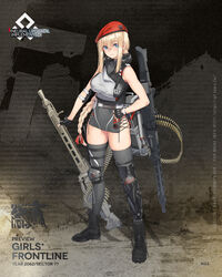  artist_request bad_link beret black_footwear black_gloves blonde_hair blue_eyes boots braid braided_ponytail breasts character_name closed_mouth copyright_name dress english_text female fingerless_gloves full_body girls&#039;_frontline gloves grey_dress grey_shirt grey_thighhighs gun hand_on_own_hip hat highres holding holding_gun holding_weapon knee_pads large_breasts lips long_hair looking_at_viewer machine_gun mechanical_legs mg3 mg3_(girls&#039;_frontline) mg3_(mod3)_(girls&#039;_frontline) official_art promotional_art red_hat shirt single_mechanical_leg solo standing thighhighs turtleneck untied_footwear weapon weapon_on_back 