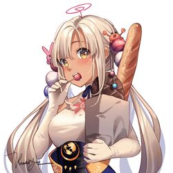  bag baguette blush bread breasts brown_eyes candy commentary dark-skinned_female dark_skin elbow_gloves female food food_in_mouth gloves hair_ornament highres holding holding_bag holding_food hololive hololive_english kaniko_(tsukumo_sana) kuri_(animejpholic) large_breasts light_brown_hair limiter_(tsukumo_sana) lollipop long_hair looking_at_viewer open_mouth paper_bag planet_hair_ornament shirt signature simple_background tsukumo_sana tsukumo_sana_(1st_costume) twintails upper_body usaslug_(tsukumo_sana) very_long_hair virtual_youtuber white_background white_gloves white_shirt 