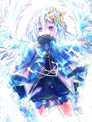  absurdres amane_kanata amane_kanata_(1st_costume) angel angel_wings bad_id bad_pixiv_id blue_bow blue_hair bob_cut bow female grey_hair hair_ornament halo highres hololive multicolored_hair murasamete_tora purple_eyes short_hair sleeves_past_fingers sleeves_past_wrists smile solo star_halo streaked_hair virtual_youtuber wings 