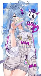  absurdres animal_on_shoulder blue_eyes blue_hair cassette_tape cloud collarbone covered_mouth dated dragon elira_pendora elira_pendora_(1st_costume) extra_eyes female gloves grey_gloves hair_over_one_eye happy_birthday highres long_hair nijisanji nijisanji_en nillith off_shoulder one_eye_covered overall_shorts overalls pikl_(elira_pendora) single_glove sky solo sparkle sweater virtual_youtuber white_sweater 