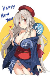  absurdres bare_shoulders beret blue_kimono blush braid breasts cleavage closed_mouth collarbone female g36c_(girls&#039;_frontline) g36c_(ode_to_summer)_(girls&#039;_frontline) girls&#039;_frontline grey_hair hand_in_own_hair happy_new_year hat heart heart_print highres japanese_clothes jonbur_man kimono long_hair looking_at_viewer medium_breasts new_year official_alternate_costume panties red_eyes simple_background smile solo torn_clothes torn_kimono underwear white_panties yukata 