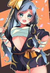  ass_visible_through_thighs bad_id bad_twitter_id bandages blue_hair blush commentary_request cowboy_shot female green_eyes grey_shirt highres himemushi_momoyo holding holding_shovel long_hair meimei_(meimei89008309) navel oerba_yun_fang open_clothes open_mouth orange_sash sarashi shirt short_sleeves shovel solo teeth tools touhou upper_teeth_only very_long_hair 