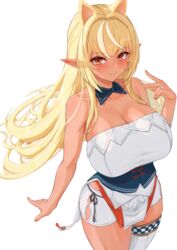  :&gt; animal_ears bare_shoulders blonde_hair blush breasts cat_ears checkered_clothes checkered_legwear cleavage closed_mouth collarbone commentary cream_cod dark-skinned_female dark_elf dark_skin detached_collar dress elf female glint highres hololive huge_breasts jewelry long_hair looking_at_viewer multicolored_hair nail_polish orange_eyes orange_nails pointy_ears ring shiranui_flare shiranui_flare_(old_design) short_shorts shorts sidelocks simple_background single_thighhigh smile solo streaked_hair thighhighs virtual_youtuber wedding_ring white_background white_thighhighs 