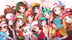  6+girls absurdres bad_id bad_pixiv_id bandana baseball_cap beanie black_hair blonde_hair brown_hair dawn_(pokemon) dual_persona elaine_(pokemon) everyone eyewear_on_headwear gloria_(pokemon) hat highres hilda_(pokemon) kris_(pokemon) leaf_(pokemon) looking_at_viewer lyra_(pokemon) may_(pokemon) miyama_(yakinikusushi_the_royal) multiple_girls pokemon pokemon_bw pokemon_bw2 pokemon_frlg pokemon_gsc pokemon_hgss pokemon_lgpe pokemon_rse pokemon_sm pokemon_swsh pokemon_usum pokemon_xy rosa_(pokemon) selene_(pokemon) serena_(pokemon) skirt smile tam_o&#039;_shanter twintails v visor_cap 