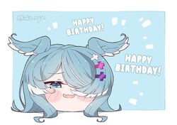  blue_eyes commentary elira_pendora english_commentary female hair_over_one_eye happy_birthday head_only head_wings kukie-nyan long_hair nijisanji nijisanji_en oerba_yun_fang one_eye_covered open_mouth skin_fang smile smug solo twitter_username virtual_youtuber wings yukkuri_shiteitte_ne 