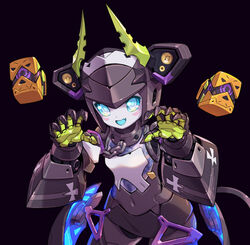  android black_background chains claw_pose dia_(world_flipper) female horns leaning_forward mechanical_horns metal_skin navel no_humans oerba_yun_fang open_mouth robot science_fiction skin_fang smile solo speaker taedu world_flipper 