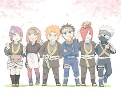  2girls 4boys :d aged_down black_hair bracelet brown_hair bug butterfly canine cherry_blossoms crossed_arms facial_mark flower forehead_protector goggles goggles_on_head grey_hair hair_flower hair_ornament hands_on_own_hips hatake_kakashi holding_hands jacket jewelry konan_(naruto) konohagakure_symbol looking_at_another looking_at_viewer mask meitarou mouth_hold mouth_mask multiple_boys multiple_girls nagato_(naruto) naruto naruto_(series) naruto_shippuuden ninja nohara_rin open_mouth orange_eyes orange_hair pakkun_(naruto) pants purple_hair red_hair rinnegan short_hair smile spiked_hair standing toeless_footwear toes uchiha_obito yahiko_(naruto) 