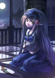  arabian_clothes bare_shoulders blonde_hair castle dancer desert elf female flower full_moon garuku hair_flower hair_ornament harem_outfit highres knife looking_at_viewer moon navel night night_sky original photoshop_(medium) pointy_ears second-party_source see-through shadow short_hair sitting sky solo star_(sky) starry_sky veil wariza weapon yellow_eyes 