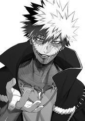  1boy bad_id bad_twitter_id boku_no_hero_academia crosshatching dabi_(boku_no_hero_academia) ear_piercing goodbye_glory greyscale hatching_(texture) highres jacket looking_at_viewer male_focus monochrome multiple_scars open_clothes open_jacket patchwork_skin piercing scar scar_on_face short_hair simple_background smile solo spiked_hair stapled tears upper_body white_background 