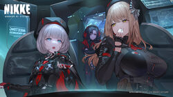  3girls absolute_(nikke) angry black_hair blonde_hair bob_cut breasts bursting_breasts cape covering_own_mouth emma_(nikke) eunhwa_(nikke) forehead gloves goddess_of_victory:_nikke huge_breasts jacket long_hair mature_female medium_hair military military_uniform multiple_girls official_art reeh_(yukuri130) second-party_source shirt sitting small_breasts talking undersized_animal uniform vesti_(nikke) white_hair 