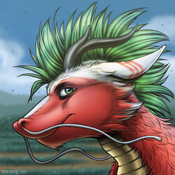  1:1 2020 anthro artist_name bust_portrait cheek_tuft closed_smile dated dragon ears_back facial_tuft fur furred_dragon furred_scalie glistening glistening_eyes green_eyes green_hair grey_horn hair hi_res horn looking_at_viewer male mouth_closed mythological_creature mythological_scalie mythology neck_tuft pivoted_ears portrait red_body red_fur scales scalie simple_background slash_freezen smile solo striped_ears tuft white_body white_fur yellow_body yellow_scales 