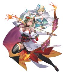  2girls arrow_(projectile) blonde_hair blue_eyes bow_(weapon) breasts capelet cuboon dark-skinned_female dark_skin elbow_gloves fire fire_emblem fire_emblem_heroes fishnets fjorm_(fire_emblem) fjorm_(ninja)_(fire_emblem) full_body gloves gradient_clothes gradient_hair grey_hair highres holding holding_weapon japanese_clothes kodachi kunai laegjarn_(fire_emblem) laegjarn_(ninja)_(fire_emblem) leg_up looking_away mask mask_on_head multicolored_hair multiple_girls ninja non-web_source obi official_alternate_costume official_art orange_hair red_eyes sandals sash sheath sheathed shiny_clothes short_hair short_sword sleeveless sword tabi thighhighs transparent_background two-tone_hair weapon 