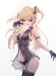  alternate_costume arm_garter babydoll bare_shoulders blonde_hair blush bra breasts cleavage commentary_request cowboy_shot eyepatch female fischl_(genshin_impact) flying_sweatdrops frilled_bra frilled_garter frilled_panties frills garter_straps genshin_impact gloves green_eyes hair_ornament highres kira_(kira78718520) lace-trimmed_gloves lace-trimmed_legwear lace_trim long_hair looking_at_viewer navel open_mouth panties purple_bra purple_panties ribbon see-through simple_background small_breasts stomach tearing_up thighhighs two_side_up underwear white_background 