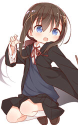  :d ayanepuna black_robe black_skirt blue_eyes blush bow brown_bow brown_footwear brown_hair collared_shirt commentary english_commentary female hair_between_eyes hair_ornament hairbow highres hood hood_down hooded_robe kyoka_(ayanepuna) loafers long_hair long_sleeves looking_away looking_to_the_side low_ponytail neck_ribbon open_clothes open_mouth open_robe original pleated_skirt ponytail red_ribbon ribbon robe shirt shoes simple_background skirt smile socks solo sweater_vest very_long_hair white_background white_shirt white_socks x_hair_ornament 