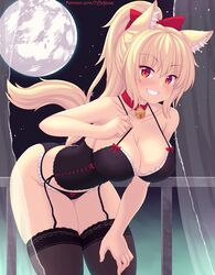  animal_ear_fluff animal_ears bare_shoulders bell black_panties black_thighhighs blonde_hair bow bow_panties breasts cat_ears cleavage collar collarbone commentary cowboy_shot curtains english_commentary female frilled_panties frills full_moon garter_straps grin hairbow hand_on_own_thigh highres large_breasts leaning_forward lingerie looking_at_viewer moon neck_bell night night_sky nottytiffy original panties patreon_username ponytail red_bow red_collar red_eyes sky slit_pupils smile solo star_(sky) starry_sky strap_pull tail teeth thick_thighs thighhighs thighs tiffy_(nottytiffy) underwear watermark web_address 