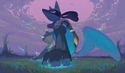  2022 ambiguous_gender anthro aura cloud detailed_background fur grass hi_res imoamaoimmoamim kneeling low-angle_view lucario nintendo on_one_knee outside plant pok&eacute;mon_(species) pokemon sky solo spikes spikes_(anatomy) tree tuft video_games 