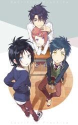  4boys black_hair blue_eyes blue_hair blue_jacket chair closed_mouth desk elbows_on_table hair_ornament hairclip jacket jewelry long_sleeves looking_at_viewer male_focus multicolored_hair multiple_boys original pants parted_lips pillow_(nutsfool) red_hair red_pants ring school_desk school_uniform shirt sitting standing streaked_hair vest white_shirt yellow_eyes 